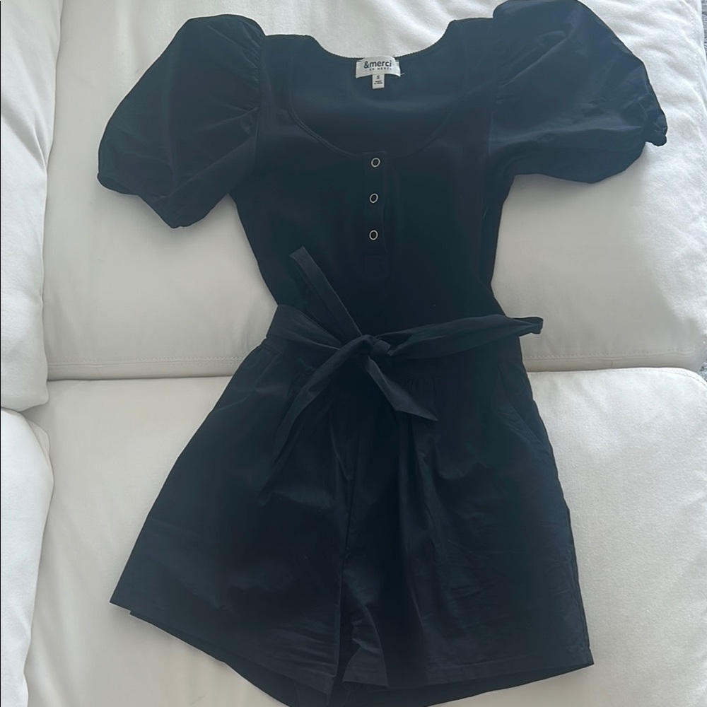 Black Puff Sleeve Romper  by Merci